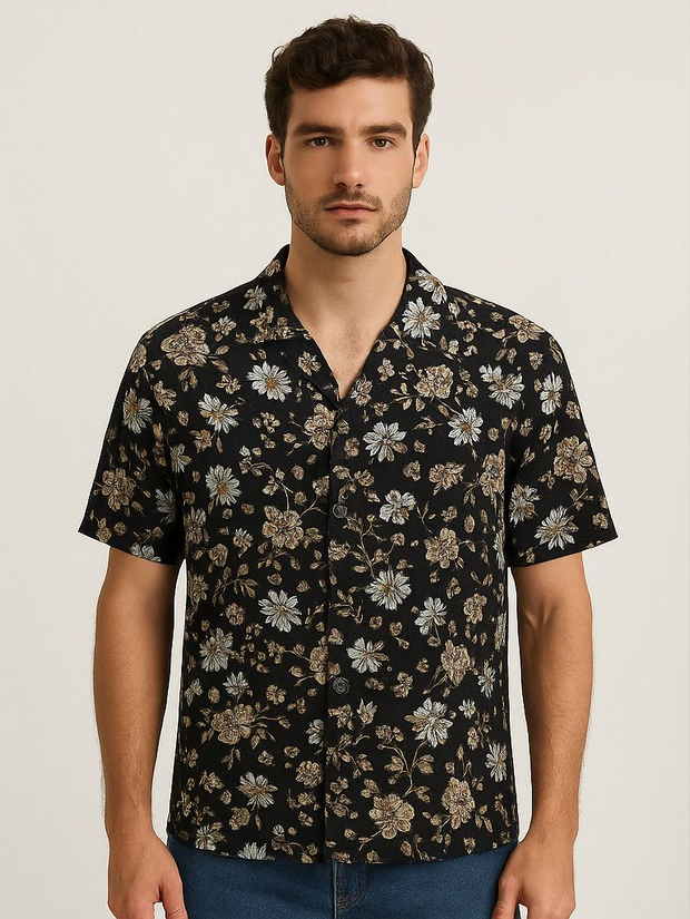 Men’s Black Floral Print Casual Shirt