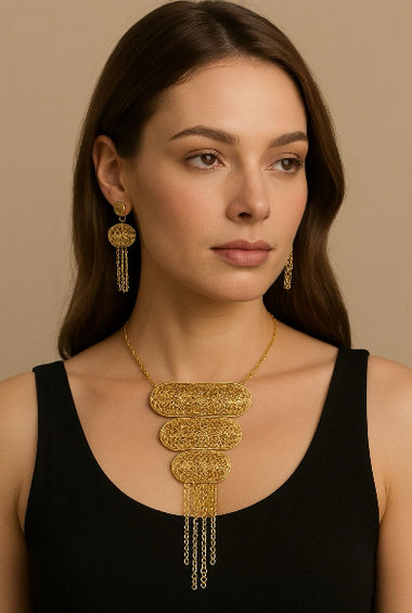 Bold Gold Filigree Statement Necklace Set with Drop Earrings